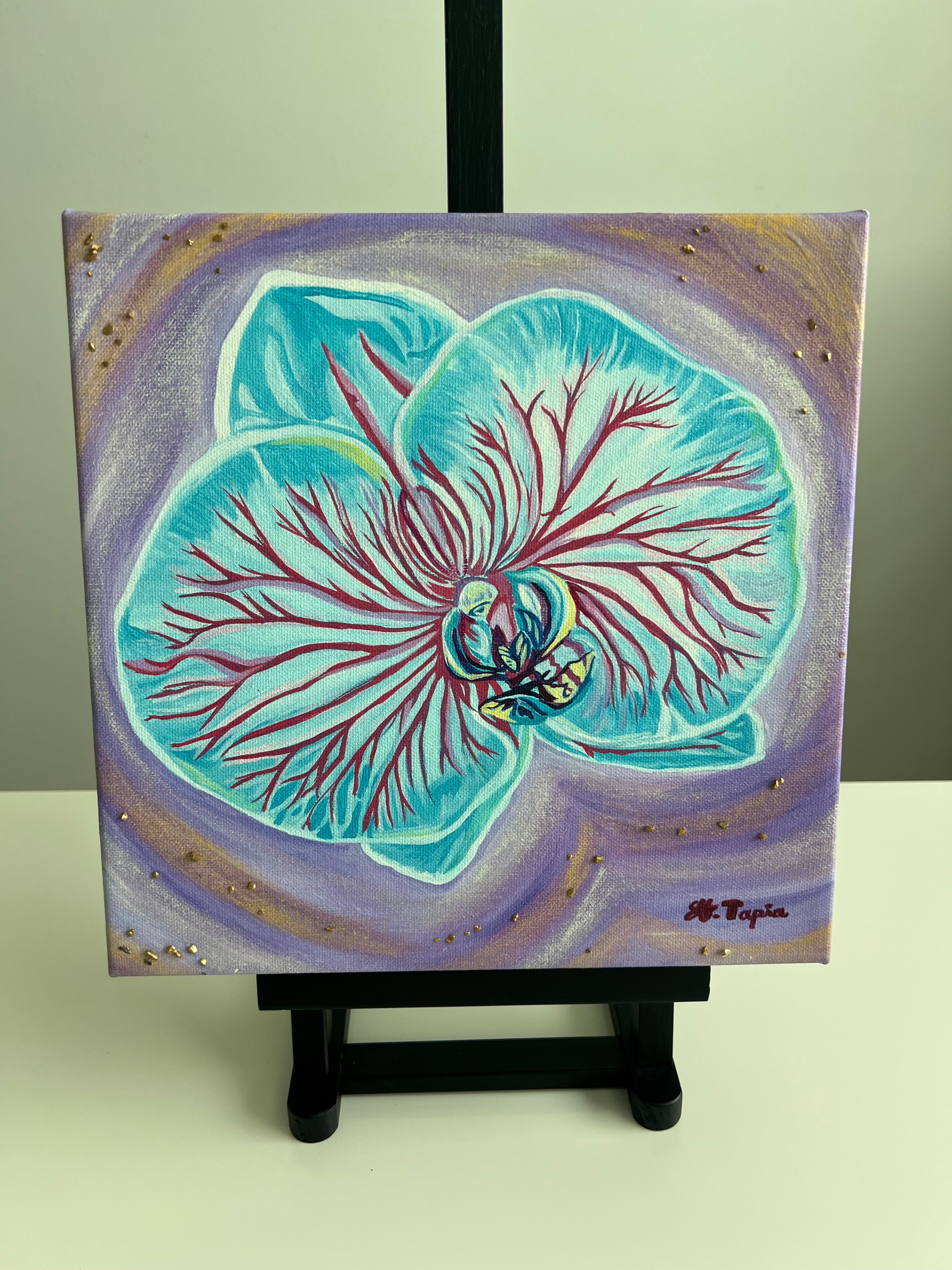 Blue orchid print on canvas with hand painted details