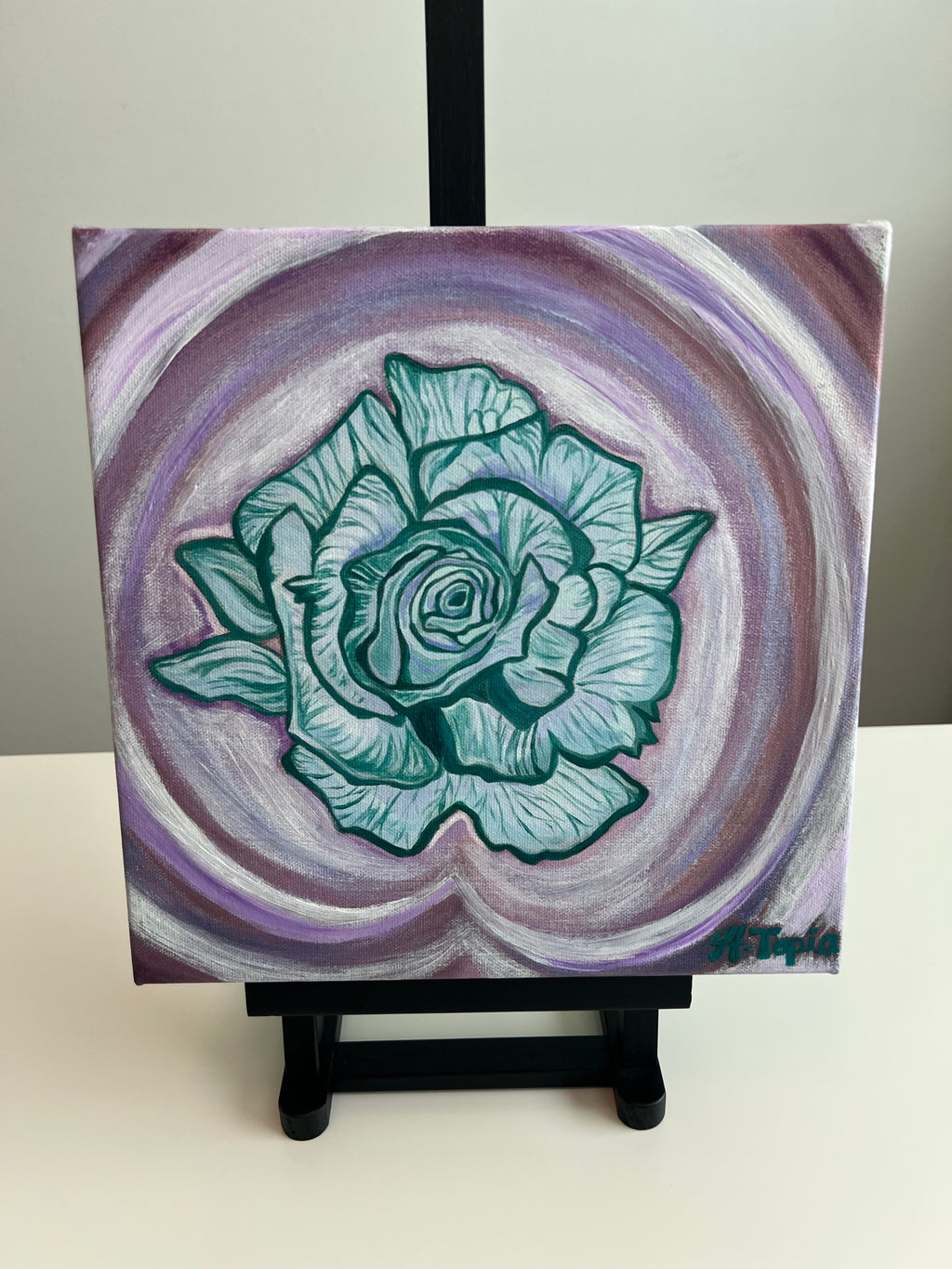 Blue rose on 10" x 10" canvas print with hand painted details