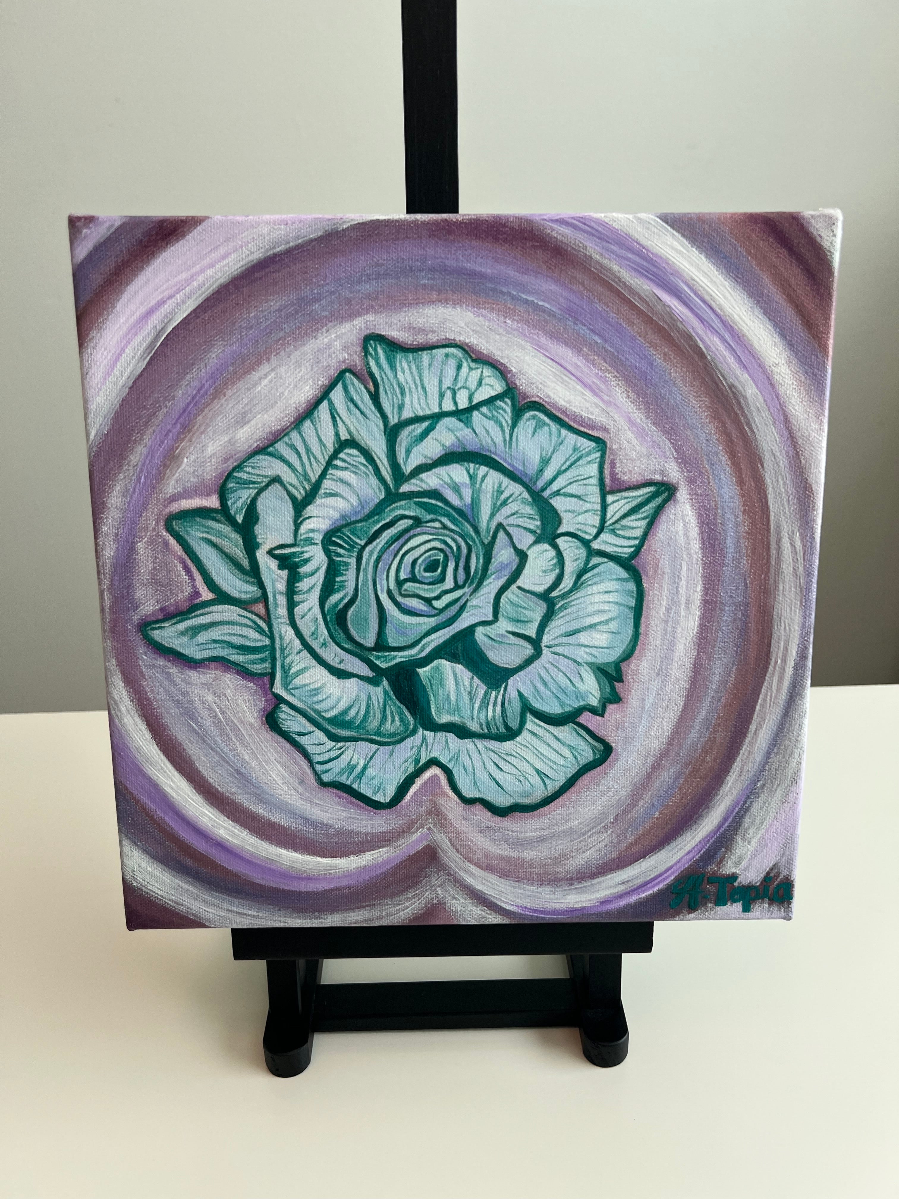 Blue rose on 10" x 10" canvas print with hand painted details