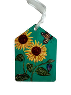 Sunflower ornament on green background (pentagon shaped)