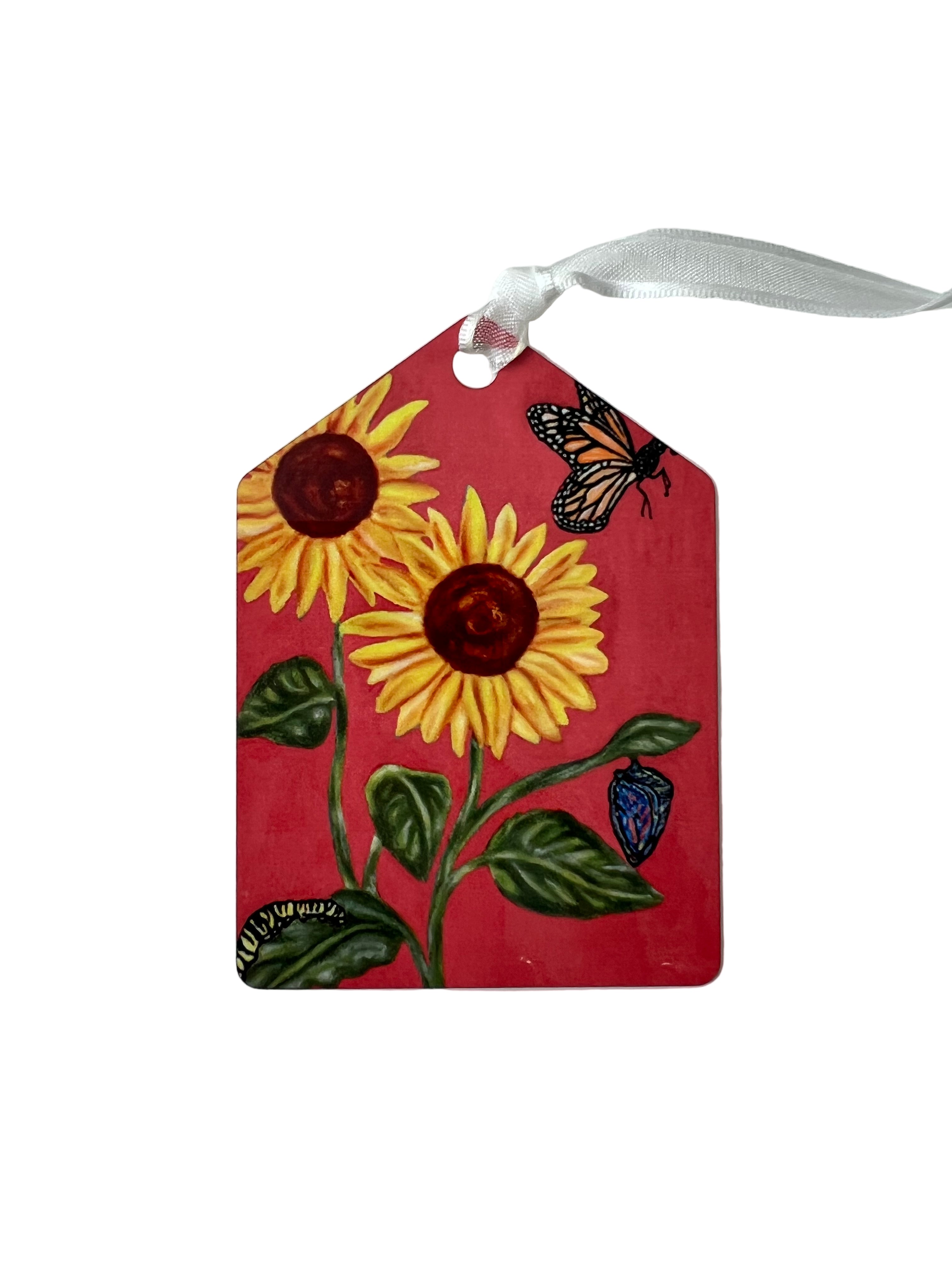 Sunflower ornament with coral background (pentagon shaped)