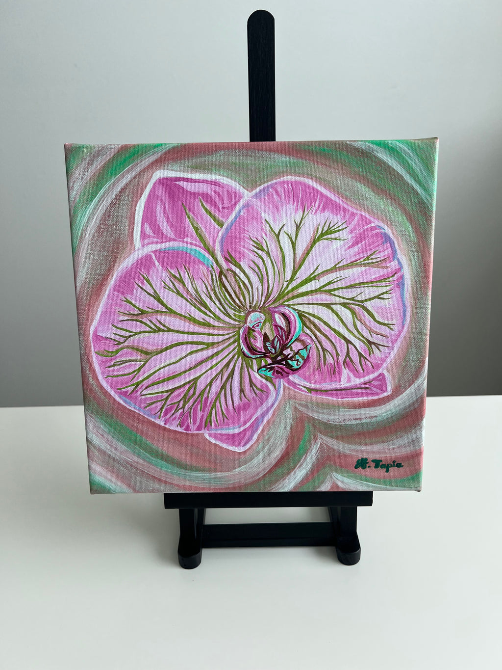 Pink orchid print on canvas with hand painted details
