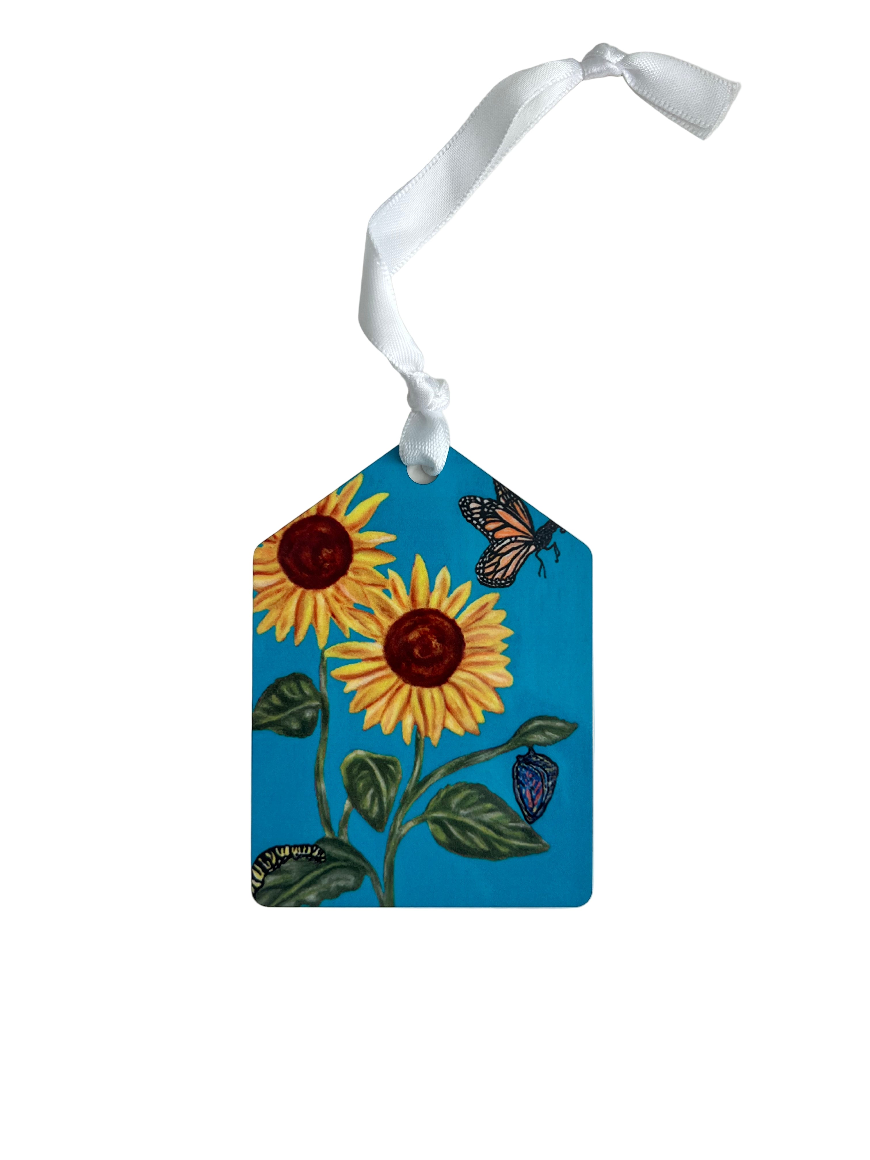 Sunflower ornament with blue background (on pentagon shape)