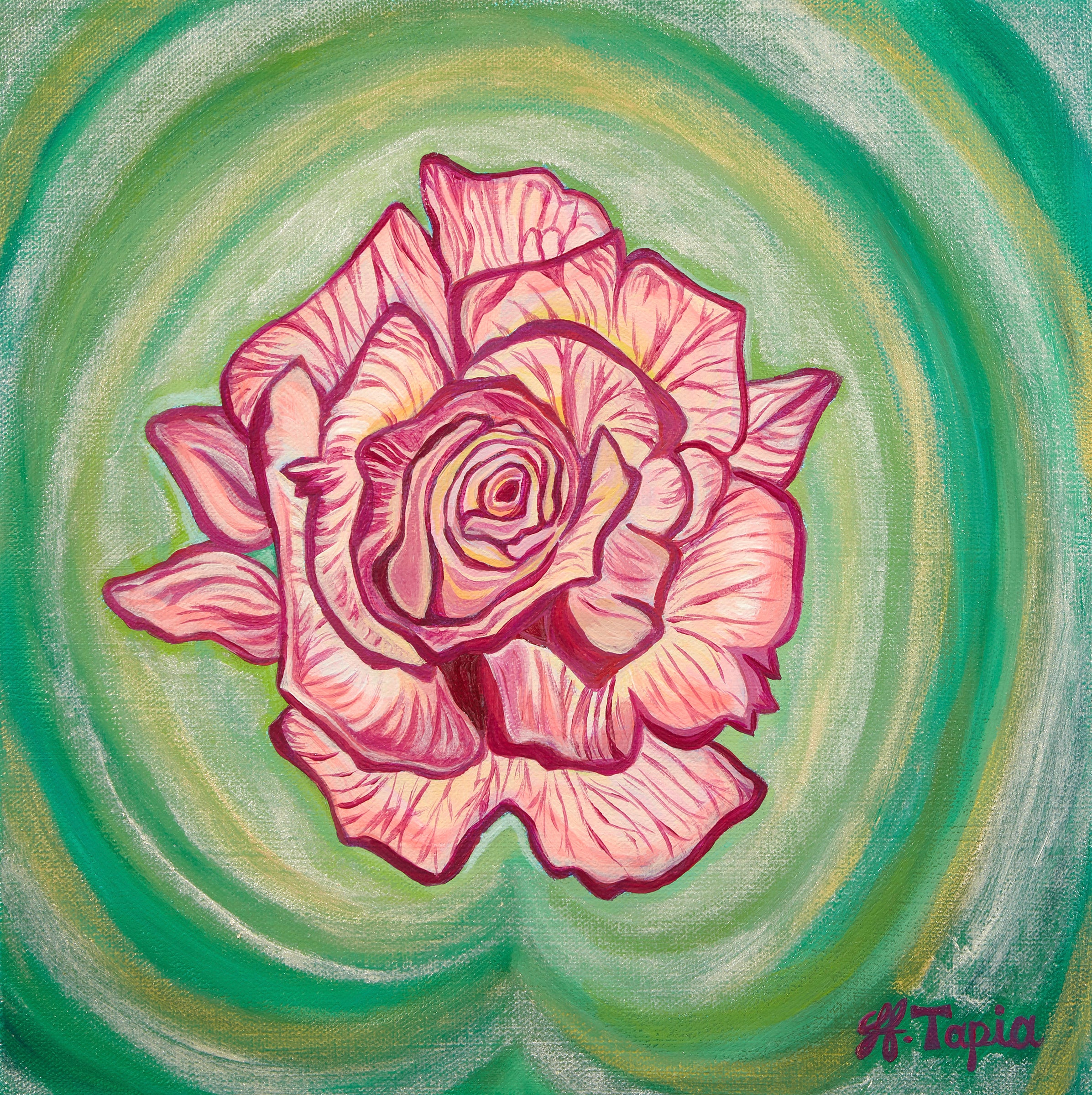 Pink rose printed on canvas with hand painted details